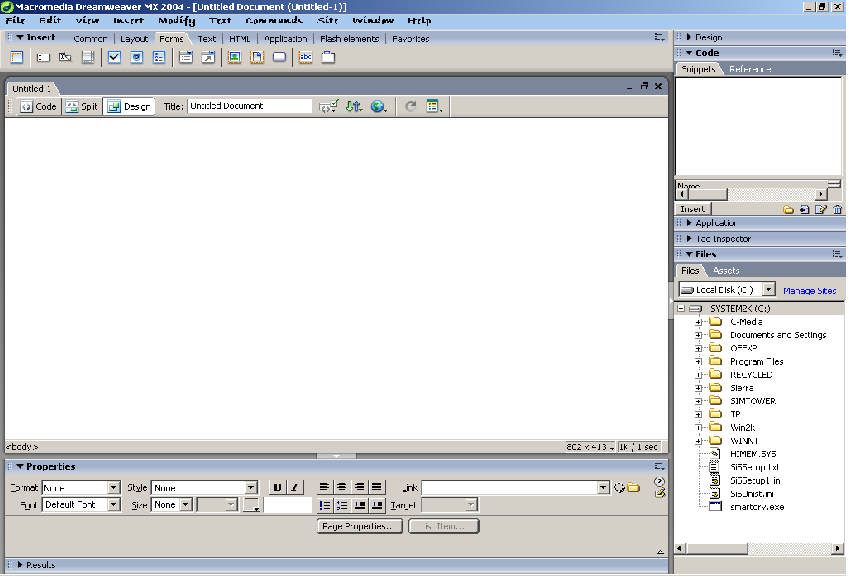 Tag Selector Property Inspector Site Panel Gambar 2.6 Tampilan ruang kerja Dreamweaver MX 2004 2.