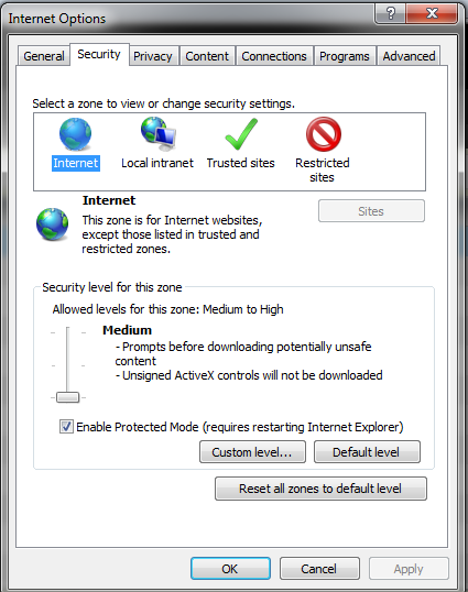 Pada kondisi tertentu kita harus menurunkan security setting pada Internet Explorer ke