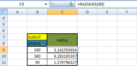 Cara Penggunaan rumus RADIANS pada Excel Fungsi RADIANS menghasilkan konversi dari derajat ke radian, dengan bentuk penulisan fungsi sebagai berikut : =RADIANS(angle) angle,