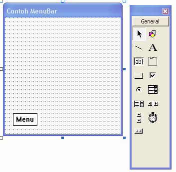 4. Buat form baru dan ubah properti seperti pada tabel dibawah ini : Name frmutama Caption Contoh MenuBar 5. Tambahkan kontrol MenuBar pada frmutama dengan memilih icon pada ToolBox.