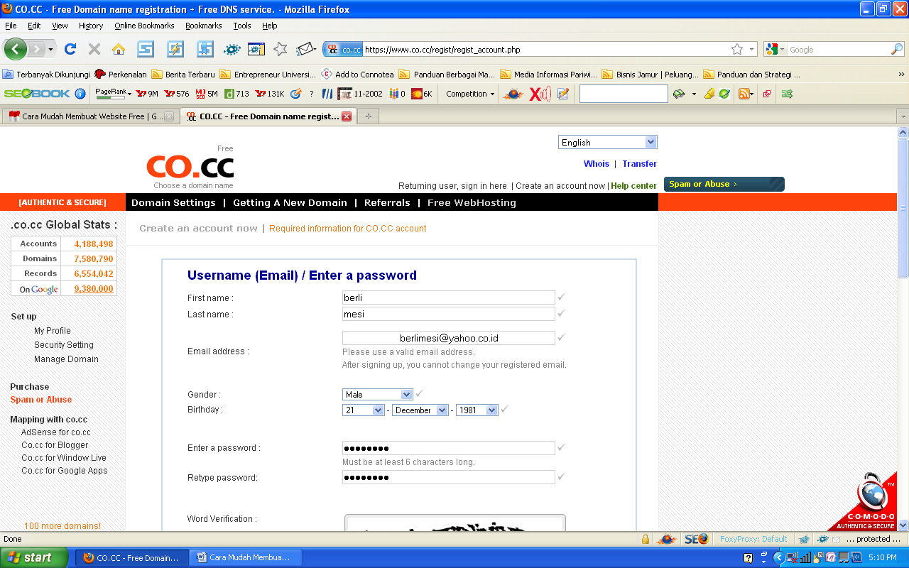 Kemudian klik creat an account now untuk registrasi, kemudian isi form sesuai dengan data anda, misalnya seperti berikut