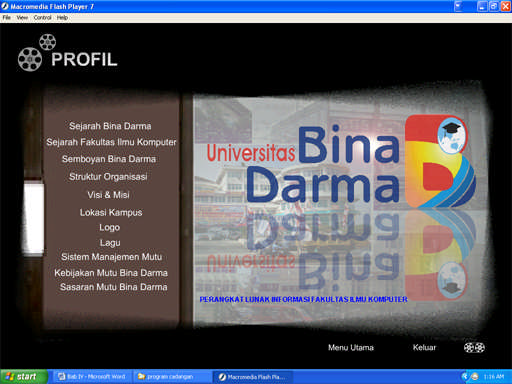 Ilmu Komputer, tombol Semboyan Bina Darma untuk menampilkan informasi semboyan Bina Darma, tombol Struktur Organisasi untuk menampilkan gambar struktur organisasi Bina Darma, tombol Visi dan Misi