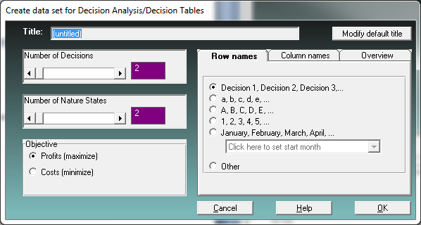 Gambar 2.1 Tampilan awal modul Decision Analysis Buat judul penyelesaian soal ini dengan mengisi bagian Title: CONTOH SOAL DECISION ANALYSIS.