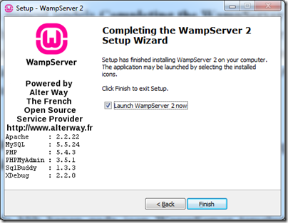 11. Selanjutnya akan muncul jendela Completing the WampServer 2 Setup Wizard. Hal ini menunjukkan bahwa proses instalasi WampServer di komputer Anda sudah berhasil.