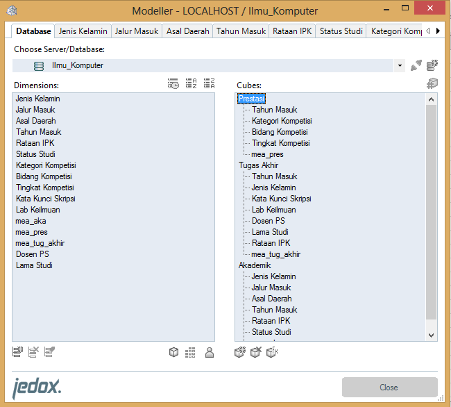 12 Gambar 6 Pembuatan kubus prestasi di Jedox Excel Add-In Gambar 7 Struktur kubus dan dimensi di Jedox Excel Add-In Extraction Transformation Loading (ETL) Tahap ETL data diawali dengan ekstraksi