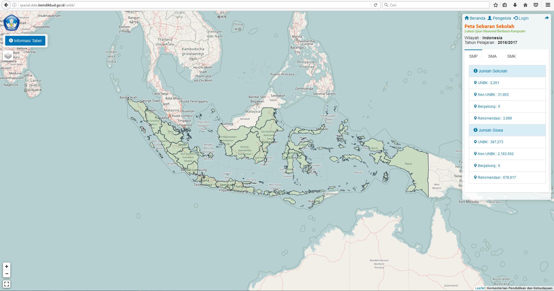 A PENDAHULUAN Peta Sebaran Sekolah peserta Ujian Nasional Berbasis Komputer (UNBK) adalah informasi yang ditujukan untuk melihat sebaran sekolah yang menyelenggarakan UNBK di Indonesia.