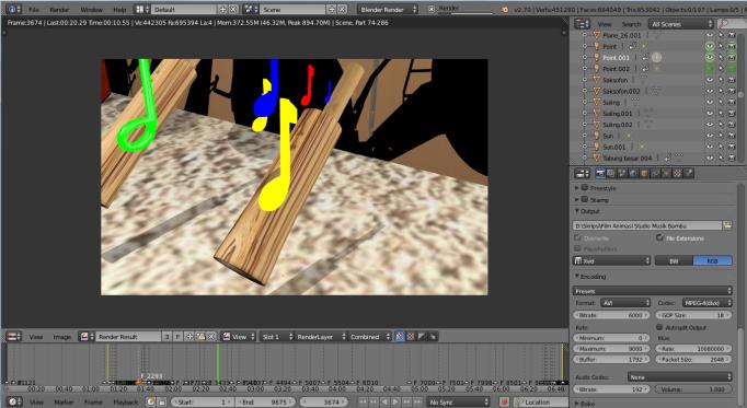 5 Animating Pada bagian animating penulis membuat animasi camera tracking, pengaturan camera, animasi Alat Musik Bambu, Pintu dan lampu.