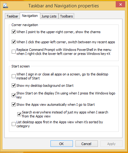 Menyesuaikan layar Start (Mulai) Windows 8.1 juga memungkinkan Anda menyesuaikan layar Start (Mulai) untuk menjalankan boot langsung ke mode Desktop dan menyesuaikan susunan aplikasi di layar.