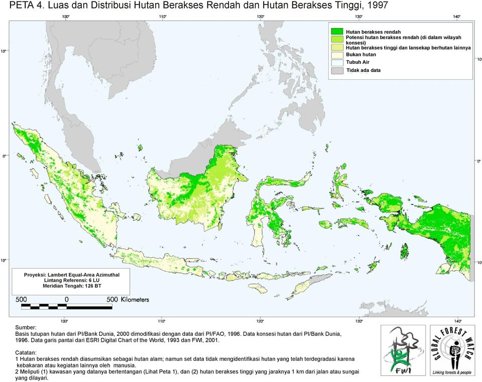 lainnya Basis tutupan hutan dari PI/Bank Dunia, 2000 dimodifikasi dengan data dari PI/FAO, 1996. Data konsesi hutan dari PI/Bank Dunia, 1996.