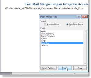 Kemudian klik More items, maka akan ditampilkan kotak dialog Insert Mail Merge.