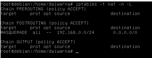 ROUTING IP ADDRESS DARI NIC1 KE NIC2 PADA DEBIAN 6.0 Untuk mengatur routing IP Address secara permanen ketikan script dibawah ini : Tambahkan diatas exit 0, iptables t nat A POSTROUTING s 192.168.0.0/24 j MASQUERADE, seperti dibawah ini : Untuk menyimpan konfigurasi tersebut, tekan ctrl + x dan kemudian tekan y.