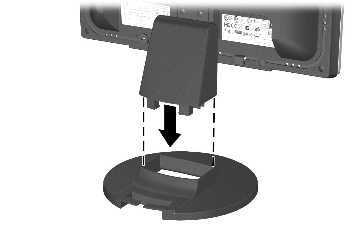 Menyiapkan Monitor 2. Dengan menggunakan kedua tangan, tempatkan monitor di atas alas dudukannya, kemudian tekan ke bawah dengan kuat untuk mengunci alas dudukan pada tempatnya.