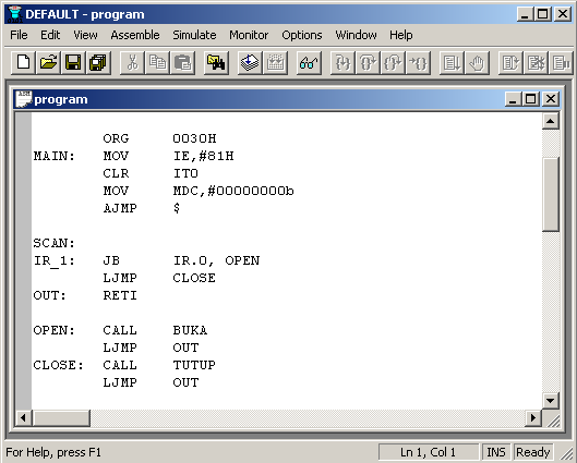 Gambar 3.10. Tampilan dari software IDE 8051 Software ini dapat berfungsi sebagai editor dan simulator dari program yang telah kita buat.
