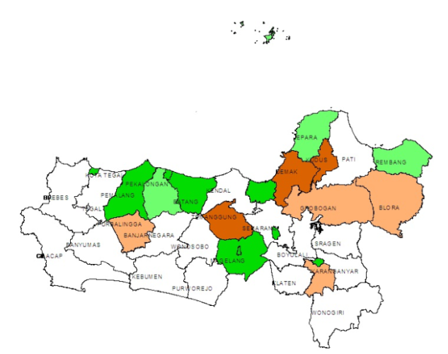 HASIL PENELITIAN Pola Penyebaran Produktifitas dan Komponen-Komponen Penyusunnya Berdasarkan data survei yang dilakukan oleh Badan Pusat Statistik (BPS) mengenai produktifitas tahun 2013, Jawa Tengah
