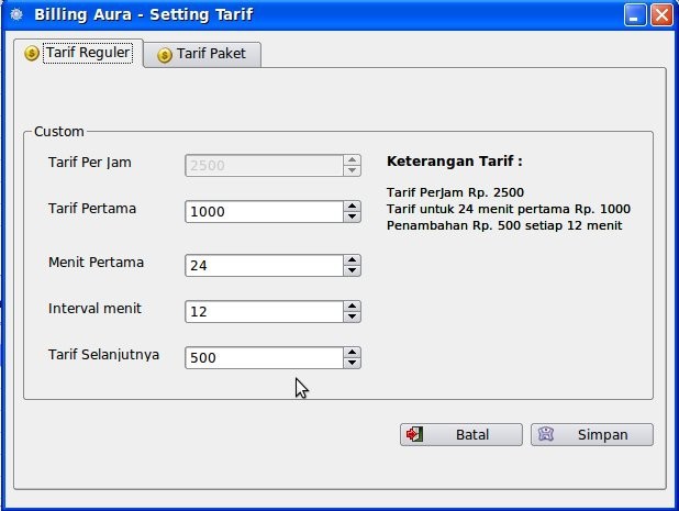 Setting Tarif : Dalam billing aura hanya dikenal ada 2 macam tarif, yaitu Tarif Reguler & Paket Berikut penjelasan untuk setting Tarif Reguler : Gambar B.