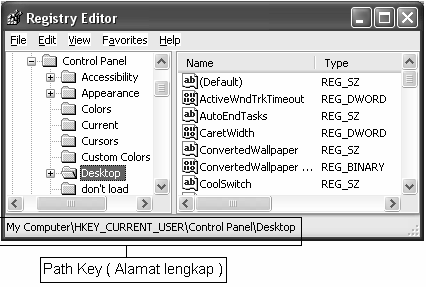 Gambar 1.7 Pencarian berhasil mendapatkan kunci 6. Setelah menemukan kunci Desktop, sekarang pastikanlah alamat lengkap dari kunci yang ditemukan dengan petunjuk tabel.