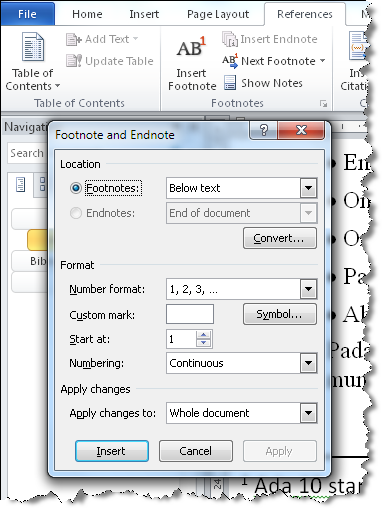 Gambar 1-35 Layar Untuk Pengaturan Footnote & Endnote MENYISIPKAN CATATAN AKHIR Langkah-langkah menyisipkan catatan akhir (endnote) sbb.