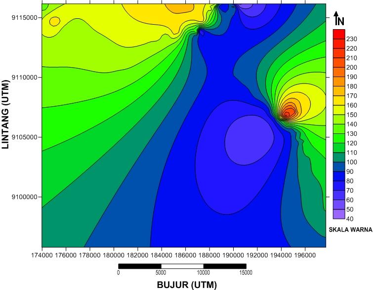 34 Jurnal Neutrino Vol. 6, No. 1 Oktober 2013 Gambar 2 menunjukkan anomali Bouger daerah penelitian memiliki angka antara 88 sampai 144 mgal.