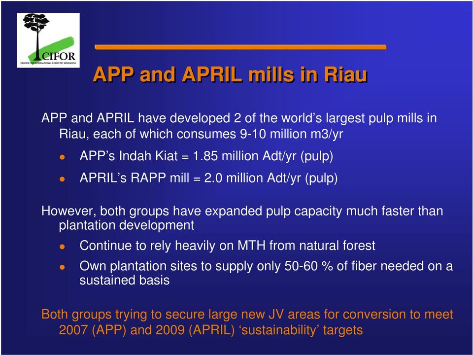0 million Adt/yr (pulp) However, both groups have expanded pulp capacity much faster than plantation development Continue to rely heavily on MTH