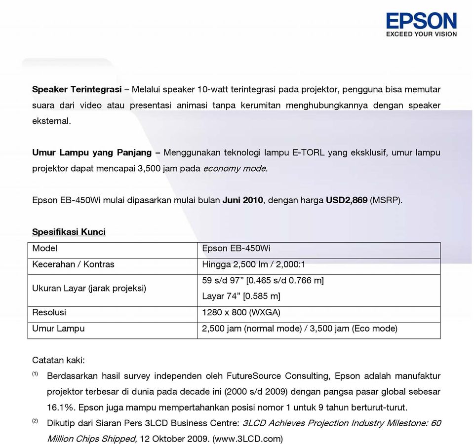 Epson EB-450Wi mulai dipasarkan mulai bulan Juni 2010, dengan harga USD2,869 (MSRP).