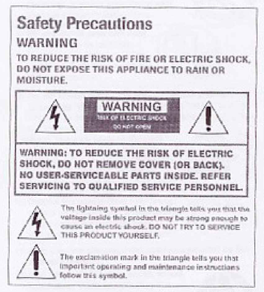 PERINGATAN Untuk mengurangi resiko kebakaran atau kejutan listrik, jangan membiarkan peralatan ini pada hujan atau kelembaban. Tegangan tinggi yang berbahaya ada dalam peralatan ini.