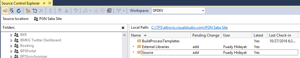 4. Pada window Source Control Explorer, klik kanan pada area putih di bawah folder BuildProcessTemplates, lalu pilih New Folder 5. Beri nama folder baru tersebut sebagai External Libraries.