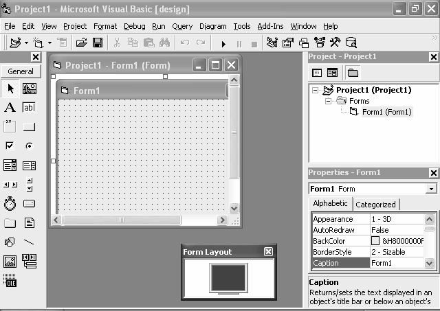 12 Gambar 2.18: Lingkungan Visual Basic Komponen-komponen dari lingkungan VB terdiri dari : 1. Control Menu, merupakan menu yang digunakan terutama untuk memanipulasi jendela VB.