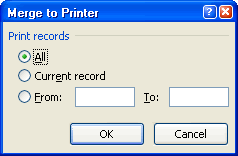 Tahap IV Menyimpan dan Mencetak Mail Merge Pada tahap ini, klik tombol Finish & Merge dan pilih: Print Documents, untuk mencetak surat. Ada 3 pilihan: 1. All untuk mencetak semua surat. 2.
