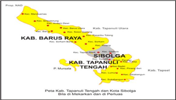 Kabupaten Tapanuli Tengah terletak pada 1 11 00" - 2 22 0" LU dan 98 07-98 12 BT, Tapanuli Tengah memiliki luas wilayah 6.194,98 km² yang terdiri atas darat 2.194,98 km² dan laut 4.000 km².