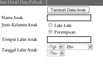 L-48 Untuk pegawai dengan status perkawinan Belum kawin, terdapat button untuk mengisi data pasangan pegawai (gambar sebelah kanan atas).