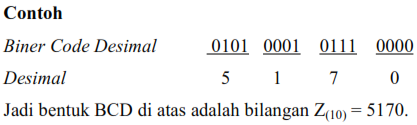 Dalam contoh ini BCD terdiri dari 3 kelompok bilangan masing-masing terdiri dari 4 bit, dan jika bilangan desimal tersebut di atas dikonversi ke dalam bilangan biner secara langsung adalah 317(10) =