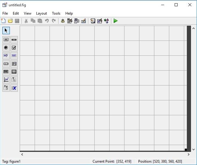 J. GUI (Graphical User Interface) GUI dapat dimunculkan dengan mengetik guide pada command window atau memilih GUIDE pada toolbar matlab. 1 9 2 3 4 5 8 7 6 Layouter editor Menu utama GUI, yaitu: 1.