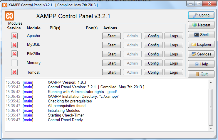 33 4.2.2 Menjalankan Xampp Sebuah aplikasi sudah menginstall maka dimulai jalankan xampp control panel pada start menu atau jalankan file xampp control pada folder xampp. Gambar 4.