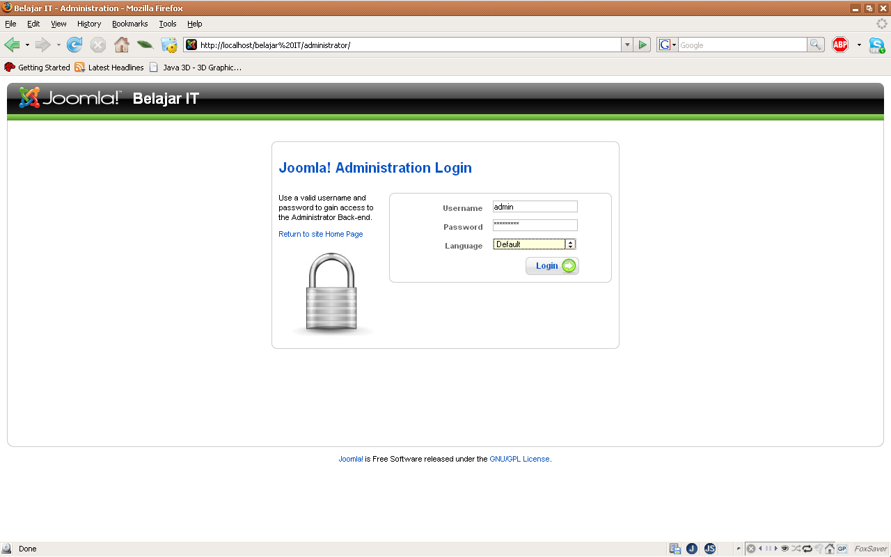 Tampilan awal halaman web dengan Joomla 17. Jika kita masuk ke site administrator, maka kita akan dihadapkan pada halaman login (verifikasi user).