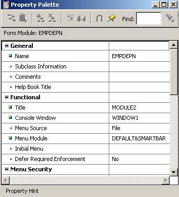 7.1. Hirarki Menu Hirarki menu pada Oracle Forms terdiri dari tiga kategori berikut : Menu module seperti halnya form module, menu module mempunyai item (menu dan menu item), program units dan obyek
