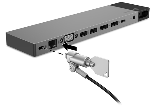 Menyambungkan kabel pengaman opsional CATATAN: Kabel keamanan dirancang sebagai alat yang berfungsi untuk mengatasi masalah, namun tidak dapat mencegah pencurian atau penanganan stasiun penyambungan