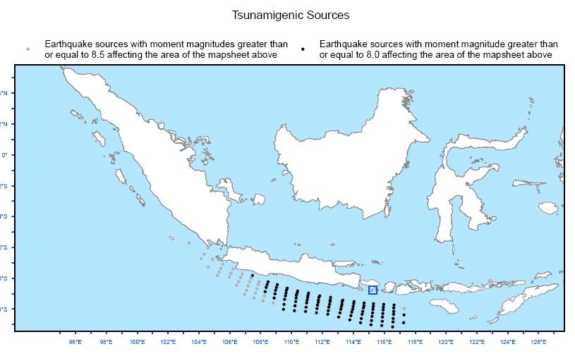 Gambar 12: Contoh bagi nilai ETA yang tampil di peta bahaya. Lebih jauh, sumber tsunamigenik bagi kawasan yang dibahas ditunjukkan dalam tayangan kecil pada peta bahaya.