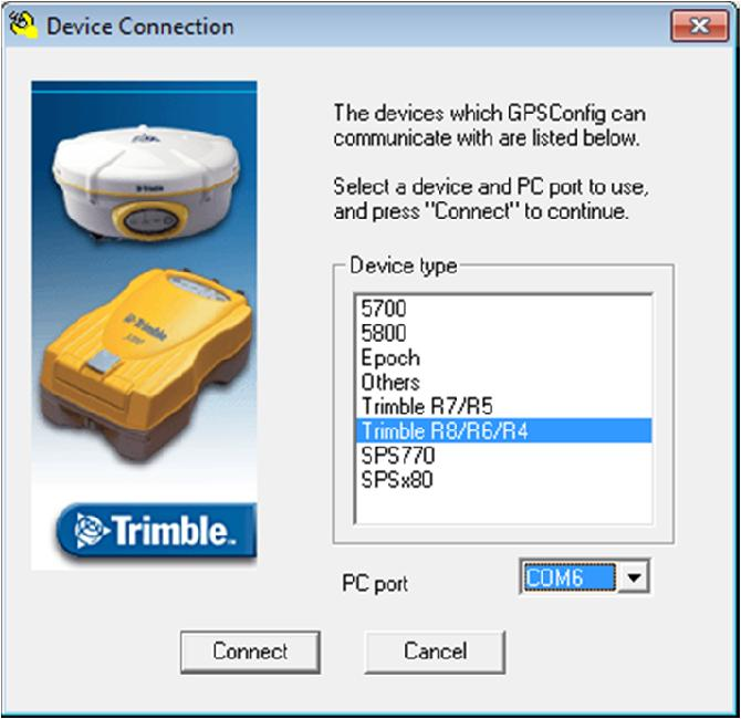 3. Pada tampilan Device Type, Pilih Trimble R8/R6/R4, software akan secara otomatis terkoneksi dengan receiver Gambar 10. Pemilihan Receiver 4.