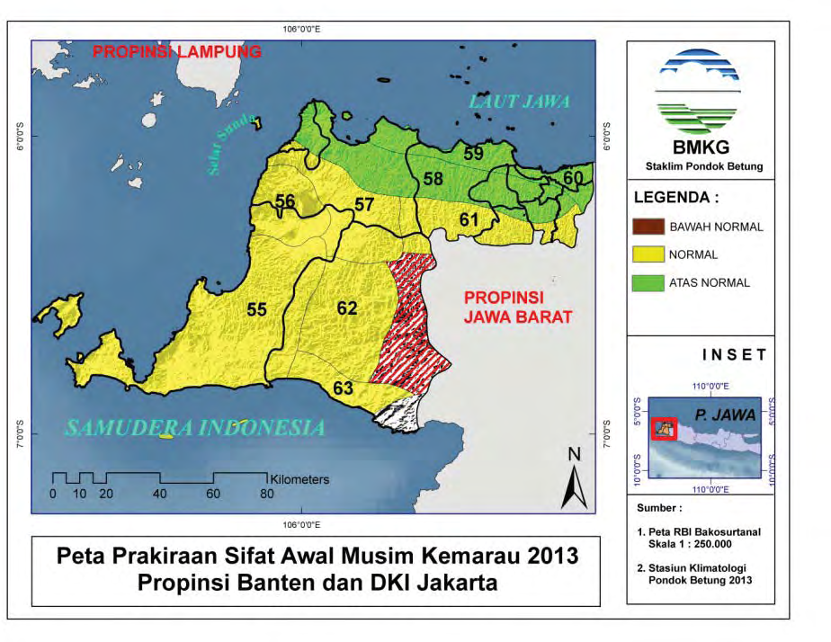 3.4.5. Prakiraan Sifat Hujan Musim Kemarau 2013 Sifat hujan musim kemarau 2013 Wilayah Propinsi Banten dan DKI Jakarta pada umumnya Atas Normal (AN).