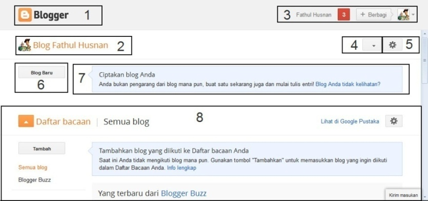 1) Logo Blogger. 2) Nama pemilik blog. 3) Profil Gmail. Gambar 13 - Tampilan Dashboard 4) Tombol untuk mengubah bahasa.