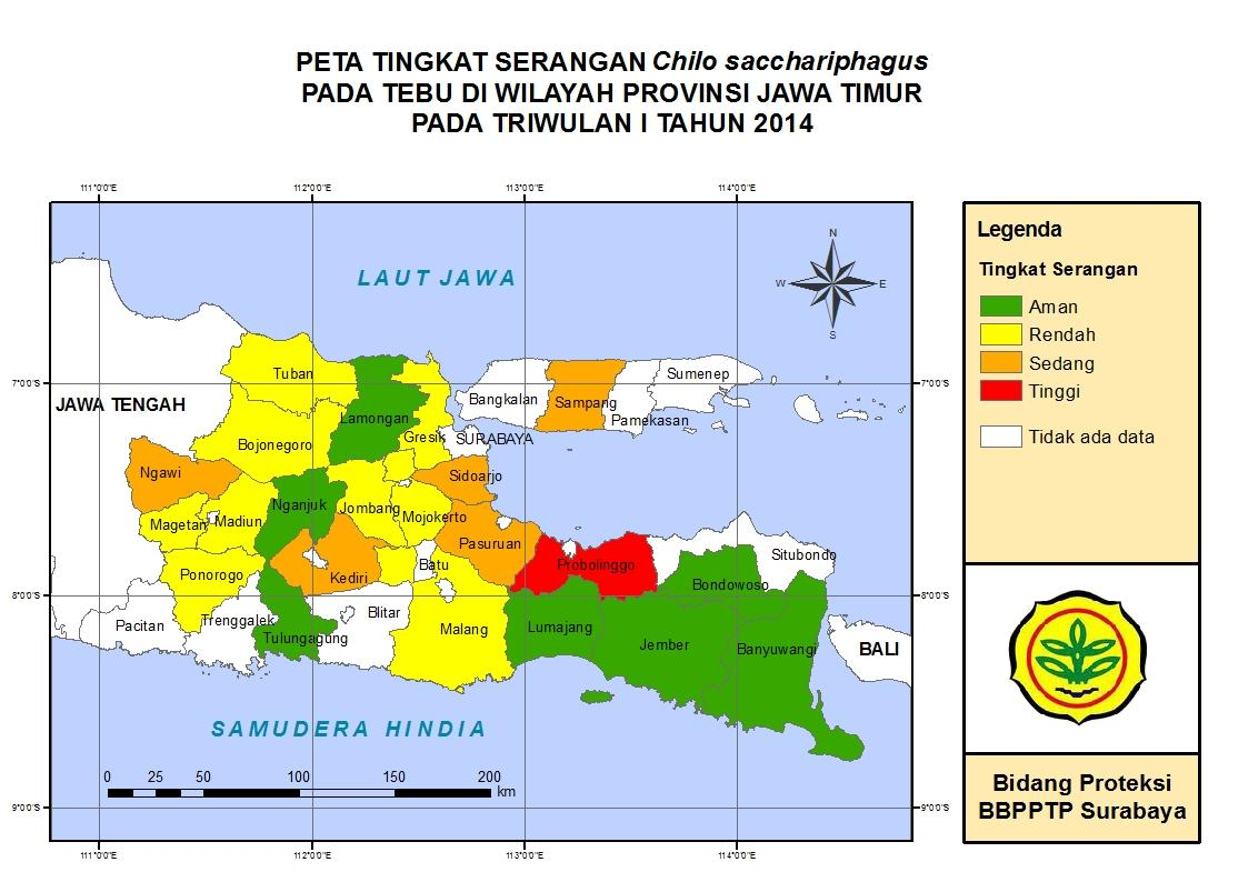 Gambar 3. Peta Tingkat serangan C. sacchariphagus di Jawa Timur (Bidang Proteksi BBPPTP Surabaya, 2014) Berdasar tingkat serangan C.