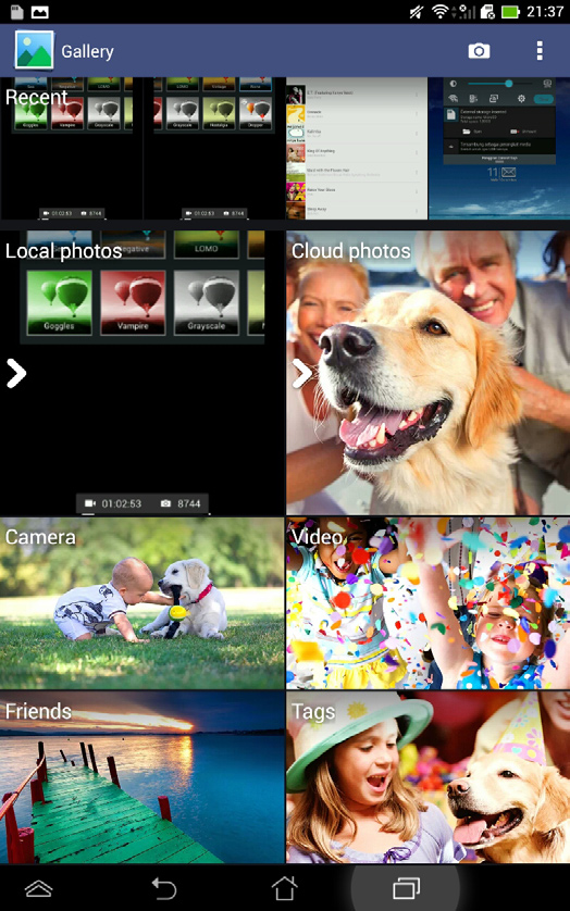 Galeri Lihat foto dan putar video di Tablet ASUS menggunakan aplikasi Galeri.