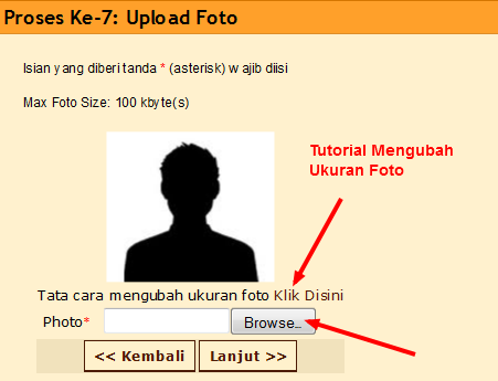 Gambar 9 Tampilan Form Upload Foto (Langkah 7) Selanjutnya proses ke 7 anda diminta meng upload foto yang berukuran maksimal 100 kbyte dengan format JPG.