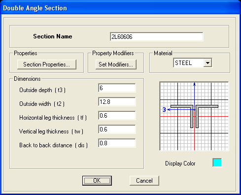 Halaman 3 dari Pertemuan 4 4.2 Define Section Bertujuan untuk menginput ukuran ukuran dari penampang yang digunakan. Berikut contoh contoh input ukuran penampang profil baja double angle 2L 60.