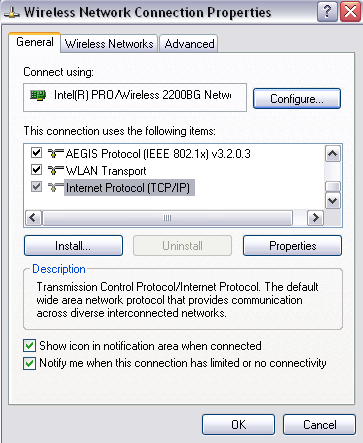 Gb 9: Setting no IP 3. Pilih Internet Protocol (TCP/IP), dan klik properties. 4. Masukkan no IP sebagai berikut : a. Laptop I : 192.168.5.1 netmask 255.255.255.0 b. Laptop II : 192.168.5.2 netmask 255.