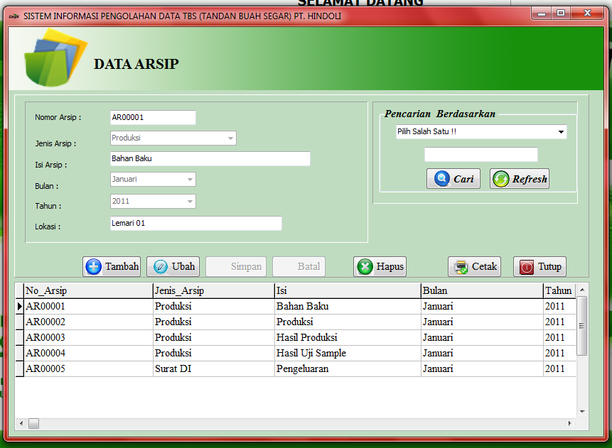 Gambar 14. Form Input Hasil Uji Sample k. Form Arsip Form masukan data arsip adalah tampilan untuk mamasukkan data arsip. Form masukan data arsip dirancang berdasarkan desain sistem.