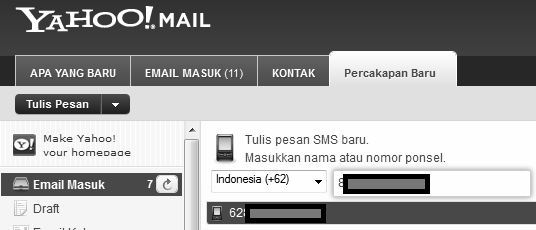 3. Kini sebuah tab baru akan tampil dengan nama Percakapan Baru. Pada bagian tersebut Anda bisa memilih negara tujuan SMS atau defaultnya Indonesia.