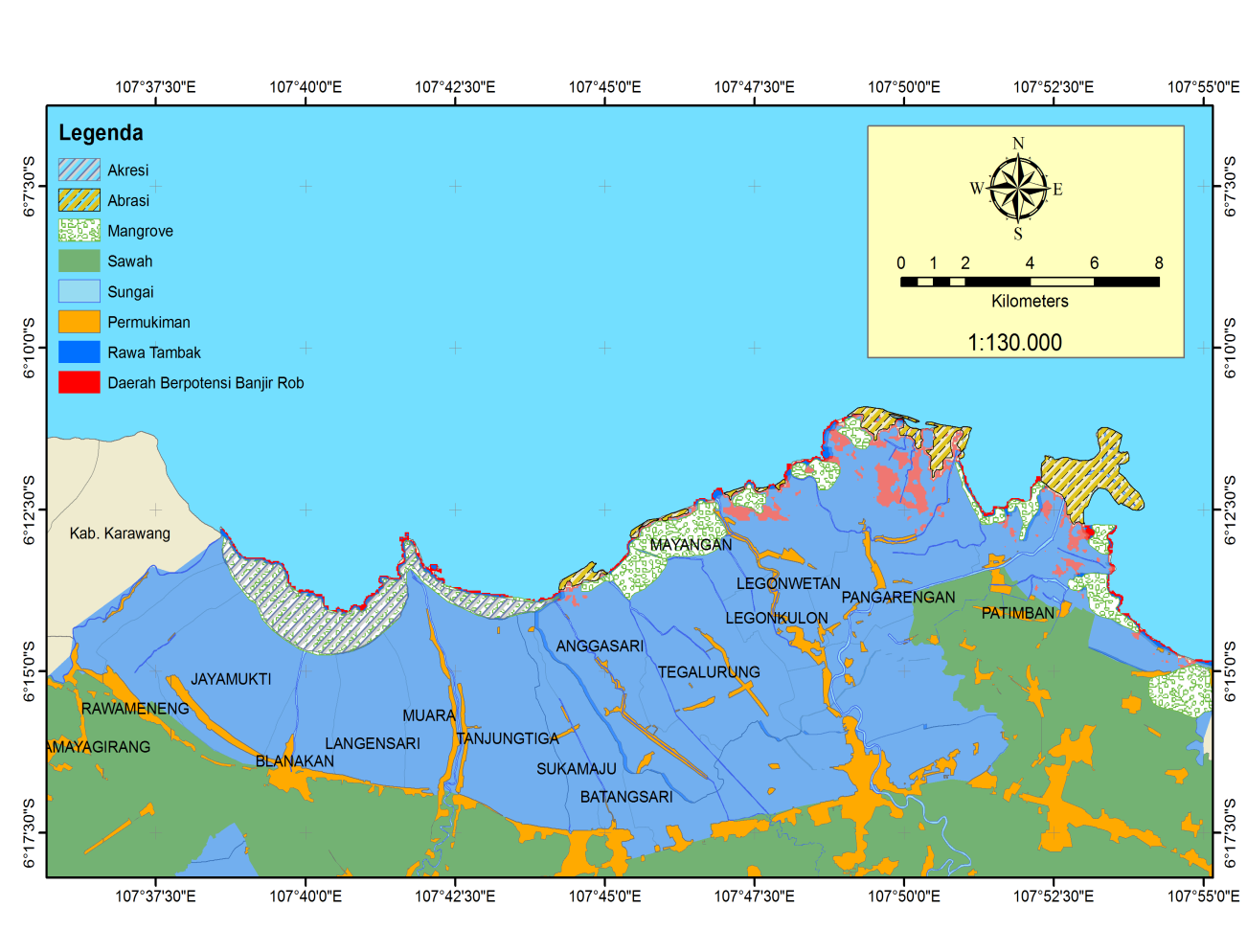25 4.4 Peta Daerah Berpotensi Banjir Rob Dari Pasang Surut, Gelombang, dan Kenaikan Muka Air Laut Gambar 6 merupakan analisis daerah yang berpotensi terendam banjir rob karena 3 variabel yaitu pasang