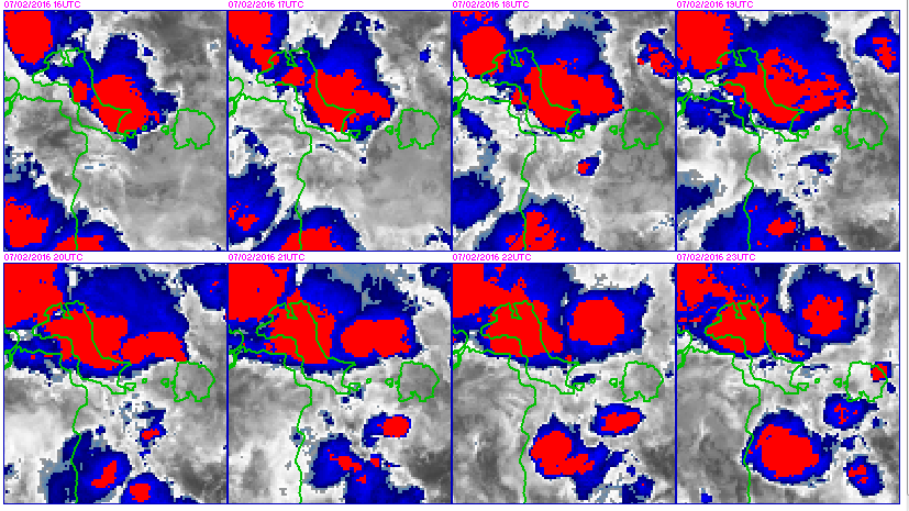 Gambar Citra satelit tanggal 07 Februari 2016 jam 00 23 UTC Dari analisis citra satelit warna biru hingga merah menunjukkan cakupan awan konvektif.