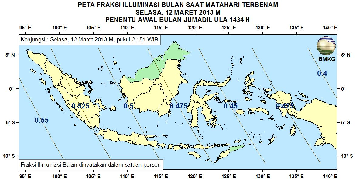 Gambar 7. Peta Fraksi Illuminasi Bulan tanggal 12 Maret 2013 untuk pengamat di Indonesia 8.
